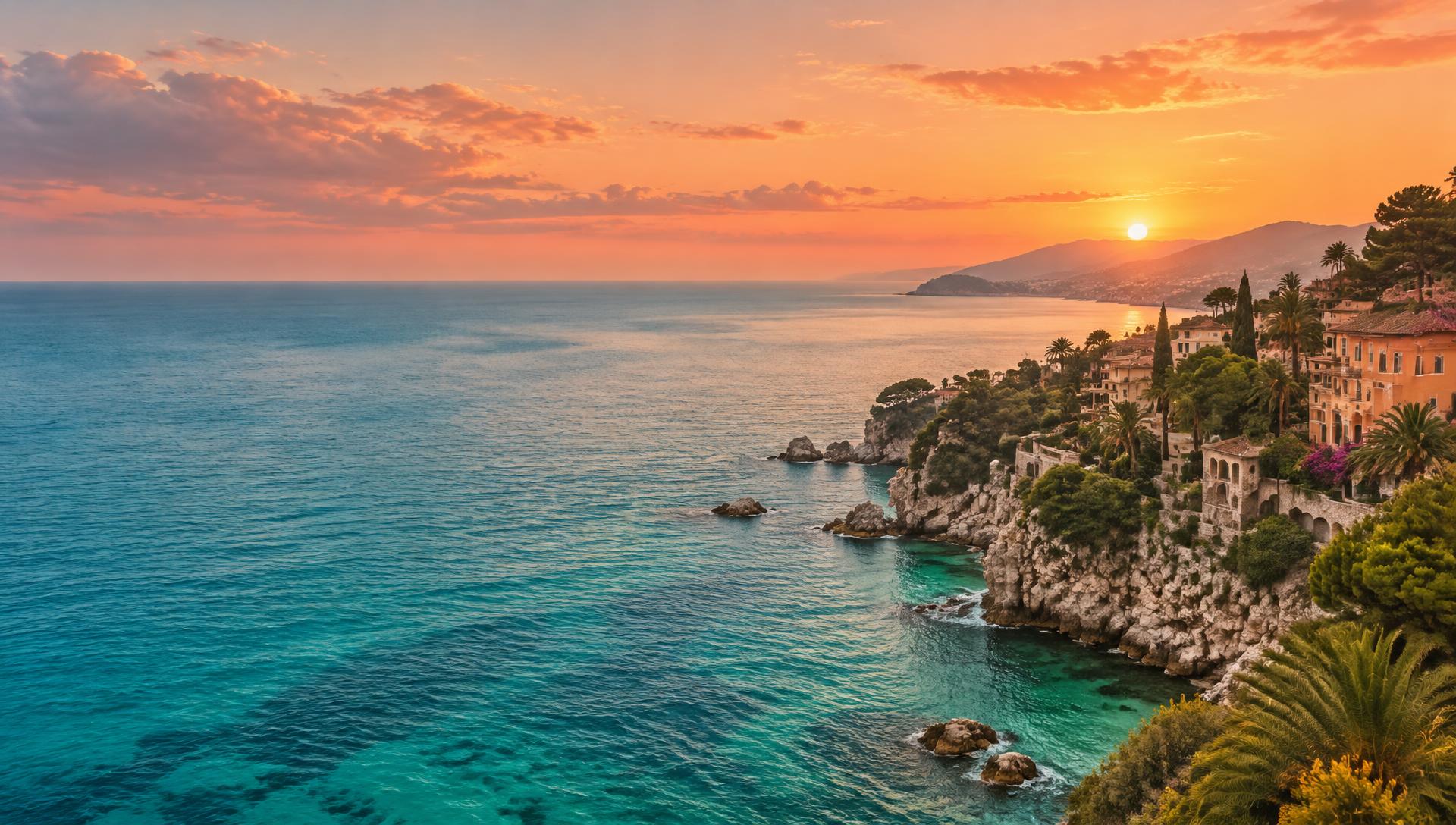 Sunset over a turquoise coastline